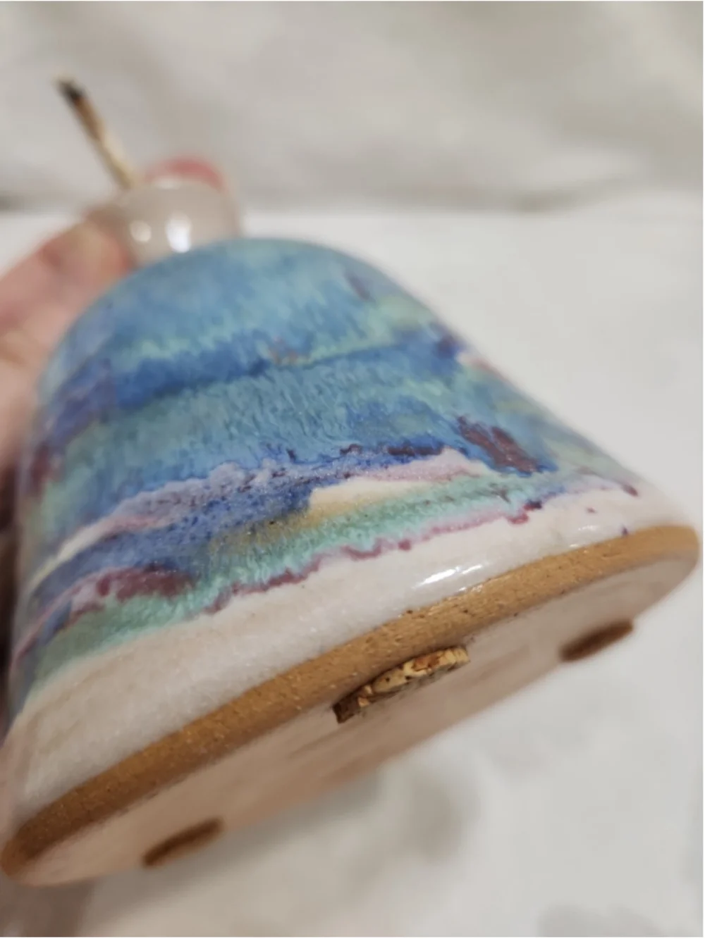 Hand Made Pottery Oil Lamp Signed, Blue, Lavendar, EUC